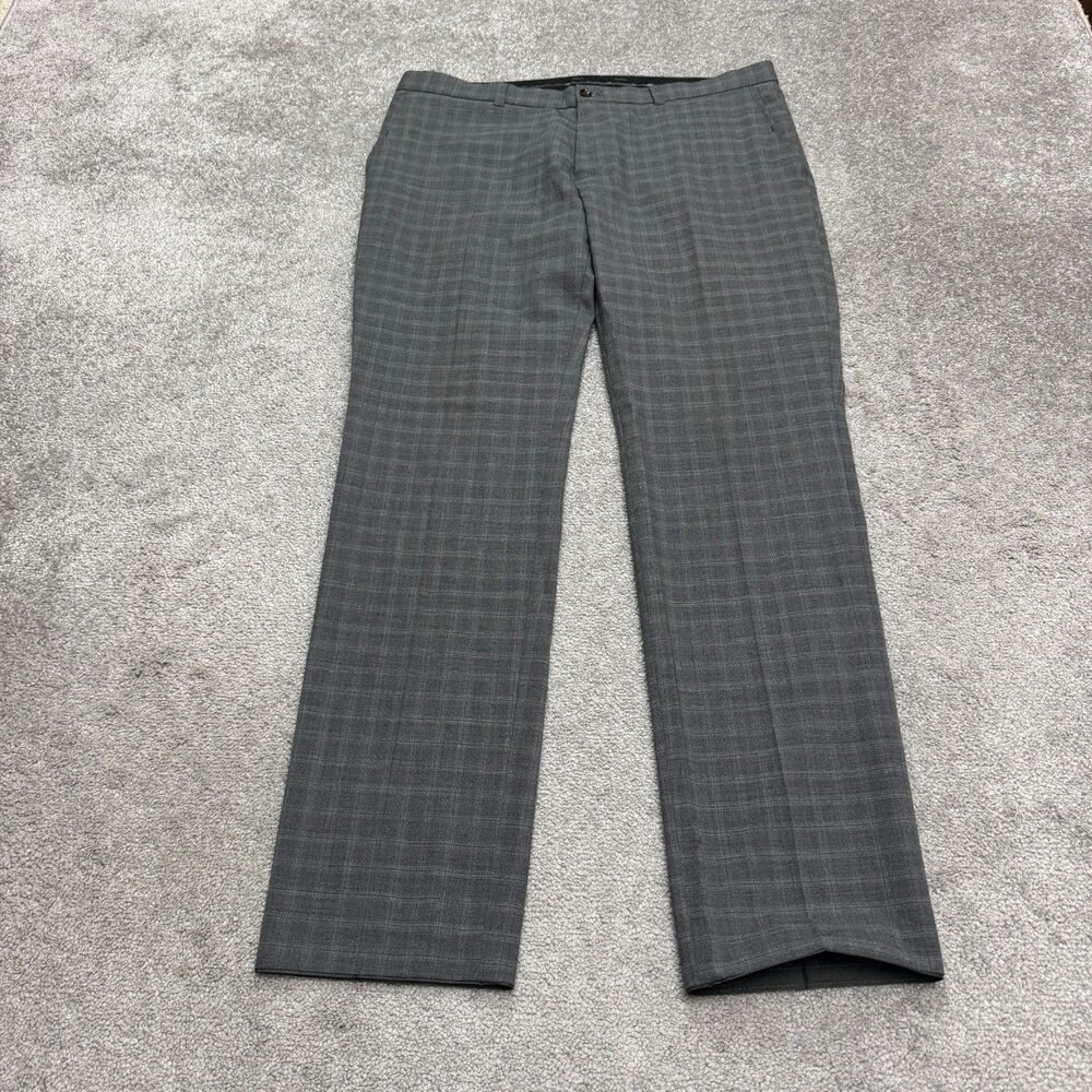 Sunwill Modern Dress Pants Mens 38L Gray Plaid Wool Blend Straight Trousers Work